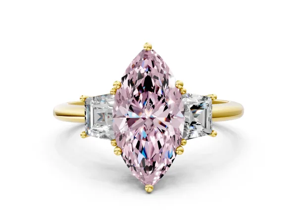 Fancy Pink Marquise Cut Diamond Three-Stone Ring with Trapezoid Side Stones and Prong Setting Yellow gold