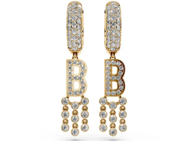 Round Diamond Initial B Huggie Hoop Earrings Yellow gold