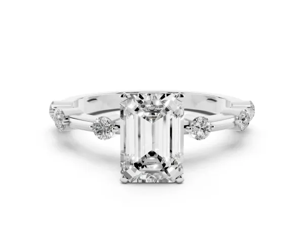 Emerald Cut Solitaire Diamond Ring with Bezel Set Side Stones and Prong Setting White gold