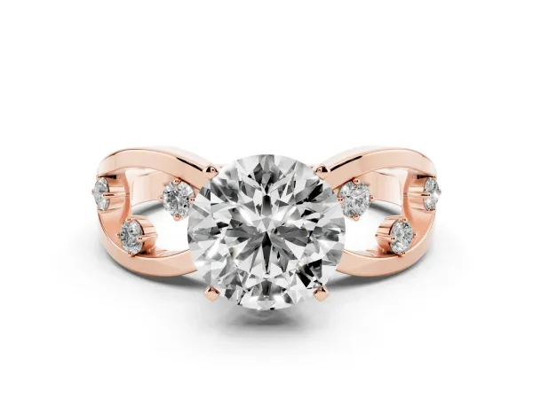 Round Cut Cut Solitaire Diamond with Side Stones on Criss-Cross Band and Four-Prong Setting Rose gold