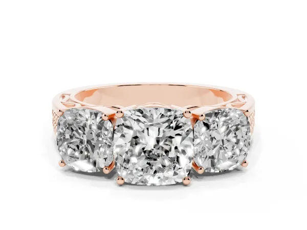 Cushion Cut Diamond Three-Stone Ring with Prong Setting and Textured Band Rose gold