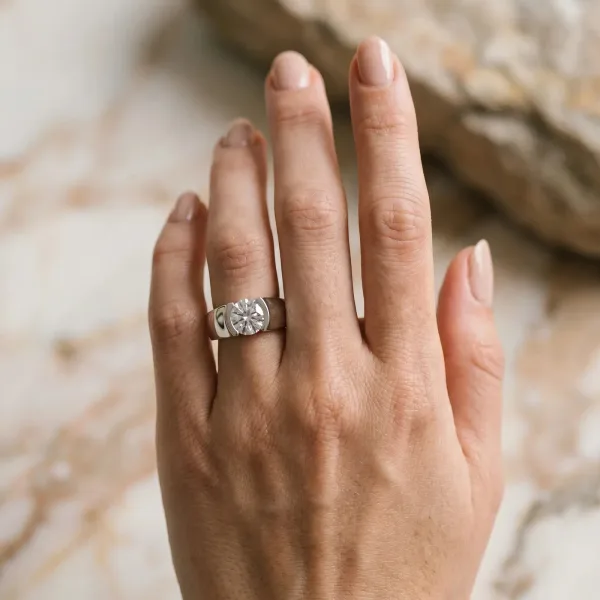 Asscher Cut Solitaire Bezel Set Diamond Ring with Wide Band Platinum