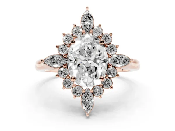 Oval Cut Halo Diamond Cluster Ring with Marquise and Round Stones on a White Gold Band with Prong Setting Rose gold