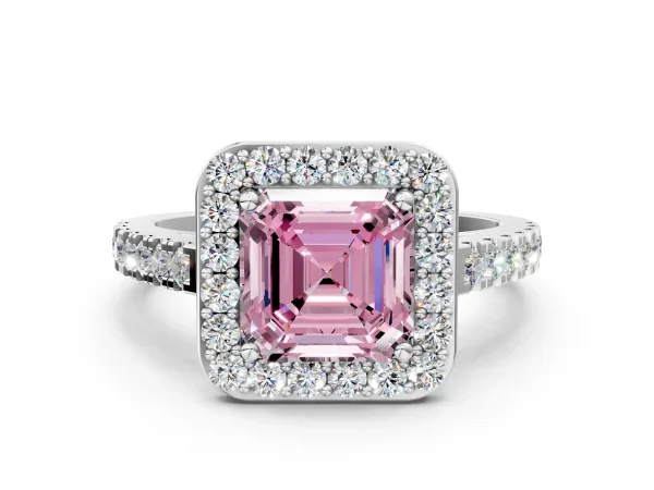 Fancy Pink Asscher Cut Diamond Halo Ring with Round Pavé Split Shank and Prong Setting Platinum