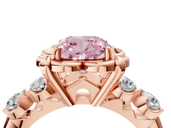 Fancy Pink Cushion Cut Cut Diamond Floral Halo Engagement Ring with Shared Prong Setting Rose gold
