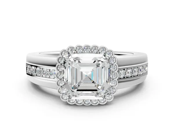 Asscher Cut Cut Halo Pave Band Four-Prong Ring Platinum