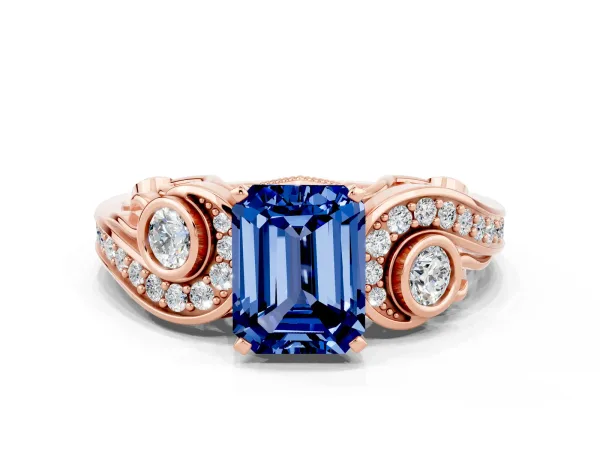 Emerald Cut Blue Sapphire Solitaire Ring with Milgrain Pavé Band and Four-Prong Setting Rose gold
