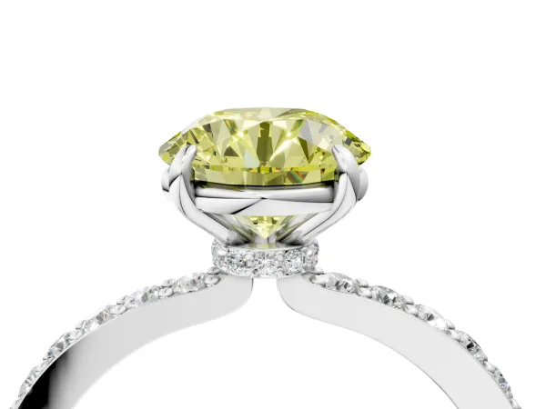 Fancy Yellow Round Cut Diamond Solitaire Engagement Ring with Pavé Band and Four-Prong Setting Silver