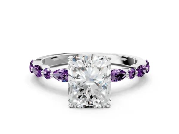Radiant Cut Diamond Ring with Marquise and Round Amethyst Side Stones and Four-Prong Setting Platinum