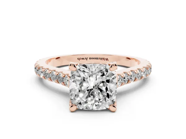 Cushion Cut Brilliant Diamond Solitaire with Pavé Band and Four-Prong Setting Rose gold