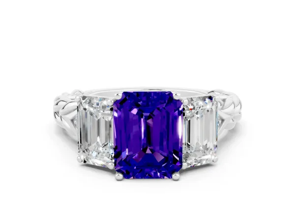 Three-Stone Emerald Cut Tanzanite Braided Band Ring with Four-Prong Setting Platinum