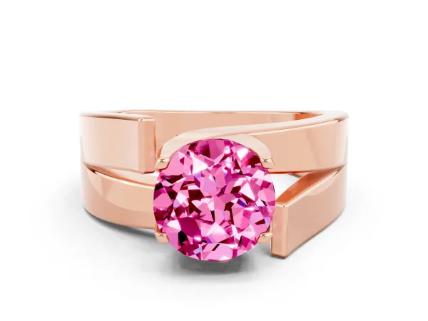 Modern Tension Set Round Cut Pink Sapphire Solitaire Wide Band Ring Rose gold