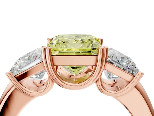 Fancy Yellow Three-Stone Princess Cut Cut Diamond Ring with Channel Set Band and Four-Prong Setting Rose gold
