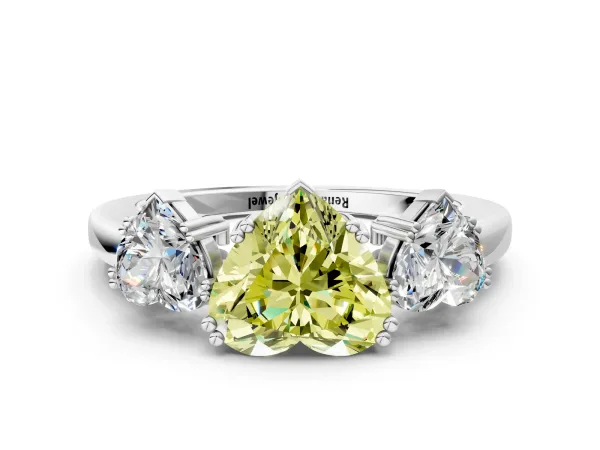 Fancy Yellow Three-Stone Heart Cut Cut Diamond Ring with Channel Set Band and Four-Prong Setting White gold