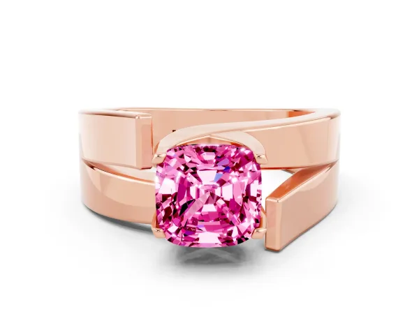 Modern Tension Set Cushion Cut Pink Sapphire Solitaire Wide Band Ring Rose gold
