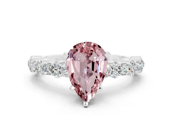 Pear Cut Morganite Side Stone Solitaire Ring with Round and Four-Prong Setting White gold