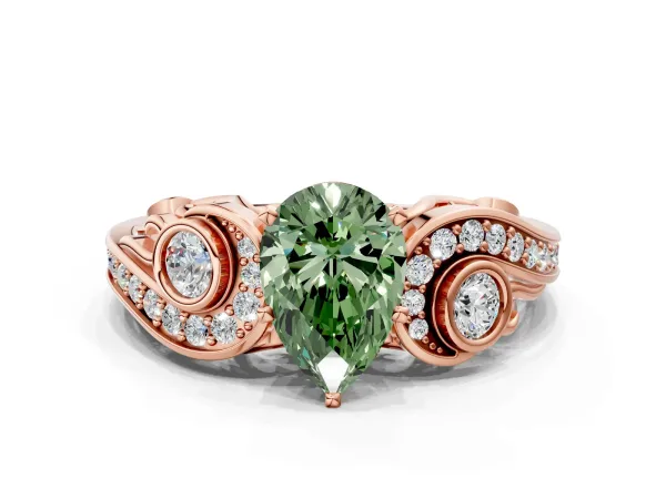 Fancy Green Pear Cut Diamond Solitaire Ring with Milgrain Pavé Band and Four-Prong Setting Rose gold