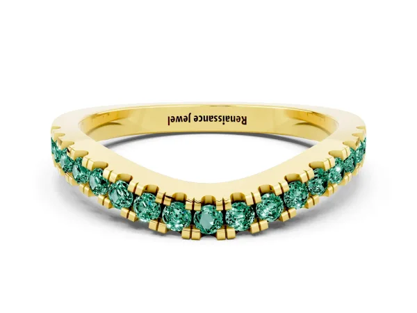 Round Green Sapphire Pavé Curved Band with Shared Prong Setting Yellow gold