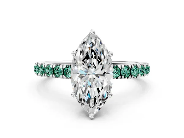 Marquise Cut Diamond Pave Band Solitaire Ring with Round Green Sapphire and Prong Setting White gold
