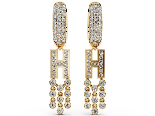 Round Diamond Initial H Huggie Hoop Earrings Yellow gold