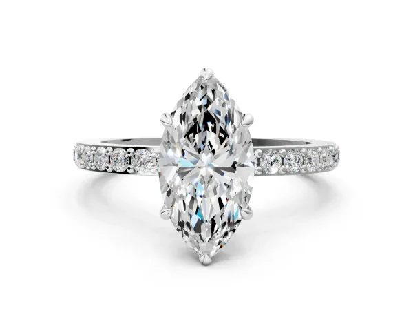 Marquise Cut Diamond Solitaire Engagement Ring with Pavé Band and Four-Prong Setting Platinum