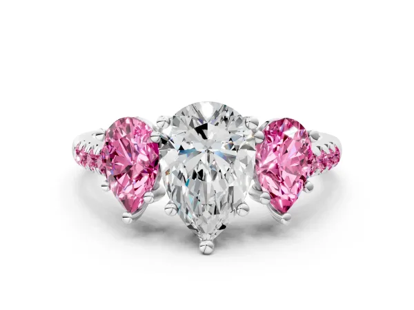Three-Stone Pear Cut Diamond Ring with Round Pink Sapphire Pavé Band and Prong Setting White gold