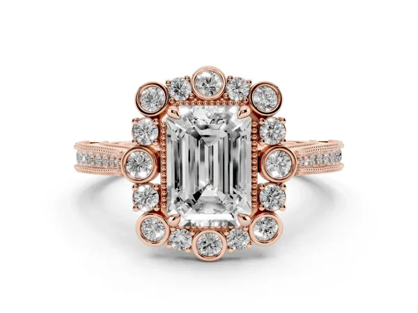 Emerald Cut Halo Milgrain Pave Diamond Ring with Four-Prong Setting Rose gold