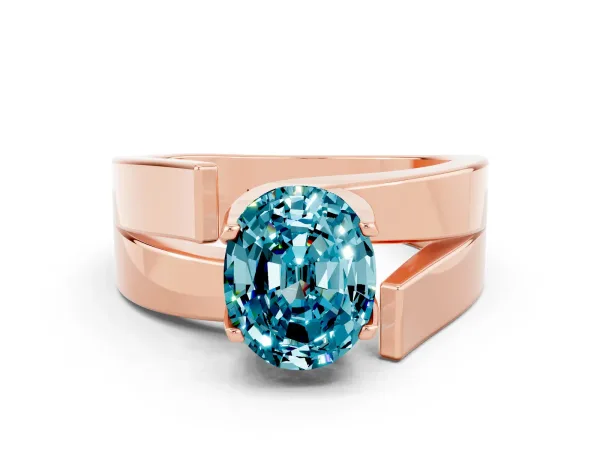 Modern Tension Set Oval Cut Blue Topaz Solitaire Wide Band Ring Rose gold