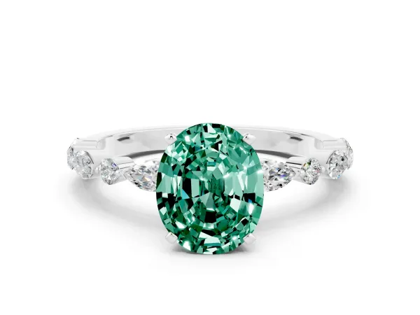 Oval Cut Green Sapphire Ring with Marquise and Round Side Stones and Four-Prong Setting White gold