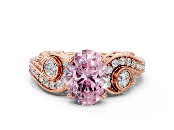 Fancy Pink Oval Cut Diamond Solitaire Ring with Milgrain Pavé Band and Four-Prong Setting Rose gold