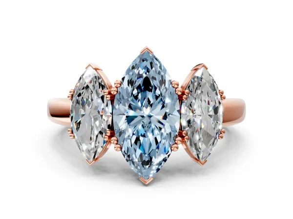 Fancy Blue Three-Stone Marquise Cut Cut Diamond Ring with Channel Set Band and Four-Prong Setting Rose gold