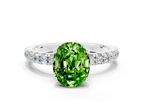 Oval Cut Peridot Pave Band Solitaire Ring with Round and Prong Setting White gold