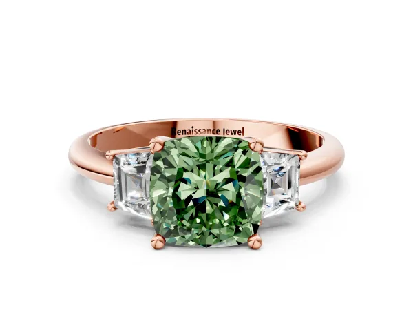 Fancy Green Cushion Cut Diamond Three-Stone Ring with Trapezoid Side Stones and Prong Setting Rose gold
