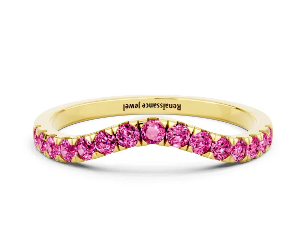 Curved Pavé Round Pink Sapphire Wedding Band with Shared Prong Setting Yellow gold