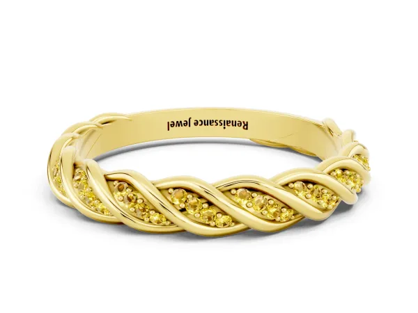 Twisted Pavé Round Yellow Sapphire Eternity Band with Shared Prong Setting Yellow gold