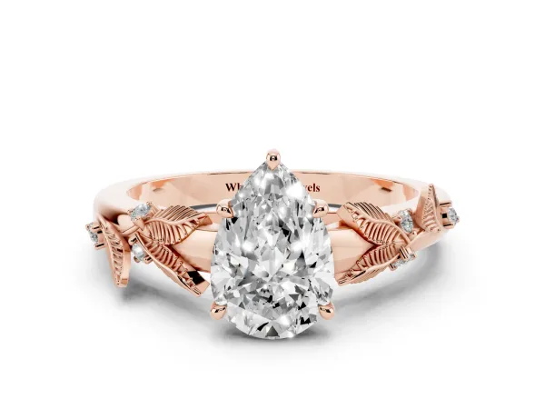 Pear Cut Diamond Solitaire Ring with Leaf Motif Band and Four-Prong Setting Rose gold