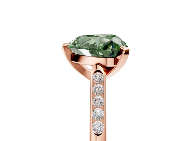 Fancy Green Heart Cut Diamond Solitaire Ring with Channel Set Round Band and Prong Setting Rose gold