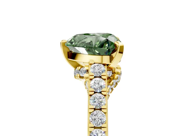 Fancy Green Heart Cut Diamond Solitaire Ring with Crossover Gallery and Round Pavé Band Yellow gold