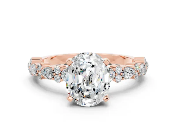 Oval Cut Moissanite Side Stone Solitaire Ring with Round and Four-Prong Setting Rose gold