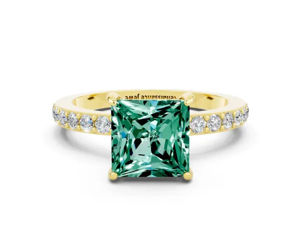 Princess Cut Green Sapphire Solitaire Engagement Ring with Pavé Band and Four-Prong Setting Yellow gold
