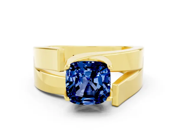 Modern Tension Set Cushion Cut Blue Sapphire Solitaire Wide Band Ring Yellow gold