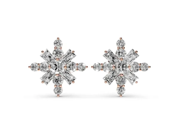 Round Cut Diamond Snowflake Cluster Stud Earrings Rose gold