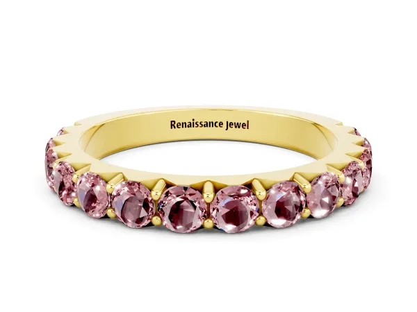 Round Morganite Half Eternity Band with Classic Prong Setting Yellow gold