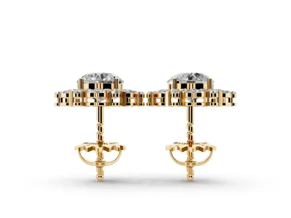 Round Diamond Double Halo Stud Earrings with Prong Setting Yellow gold