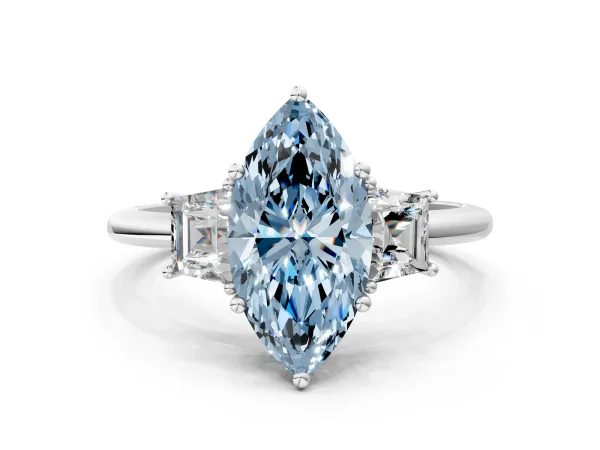 Fancy Blue Marquise Cut Diamond Three-Stone Ring with Trapezoid Side Stones and Prong Setting Platinum