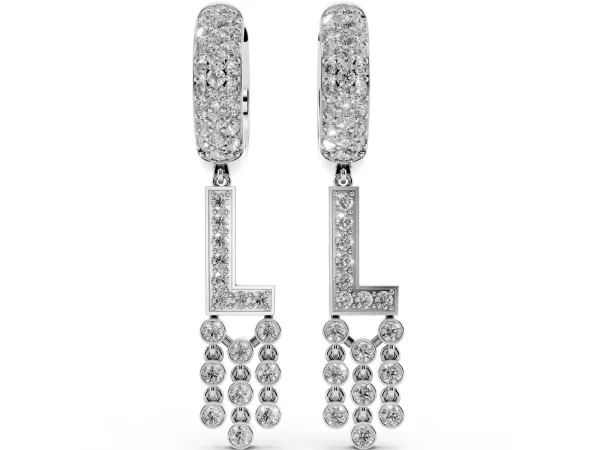 Round Diamond Initial L Huggie Hoop Earrings Platinum