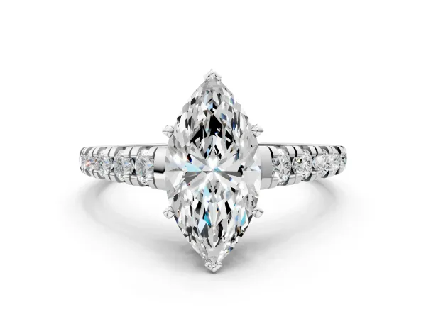 Marquise Cut Diamond Cathedral Solitaire Ring with Round Moissanite Pavé Band White gold