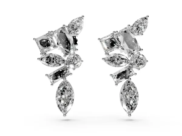Princess, Baguette, Marquise, Pear and Round Diamond Cluster Stud Earrings Platinum