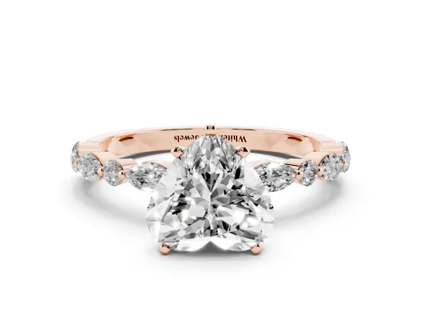 Heart Cut Diamond Ring with Marquise and Round Side Stones and Four-Prong Setting Rose gold