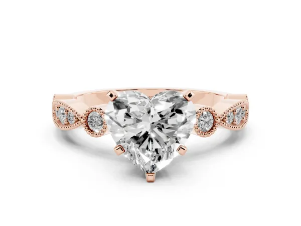 Heart Cut Milgrain Bezel Diamond Engagement Ring with Solitaire Prong Setting Rose gold